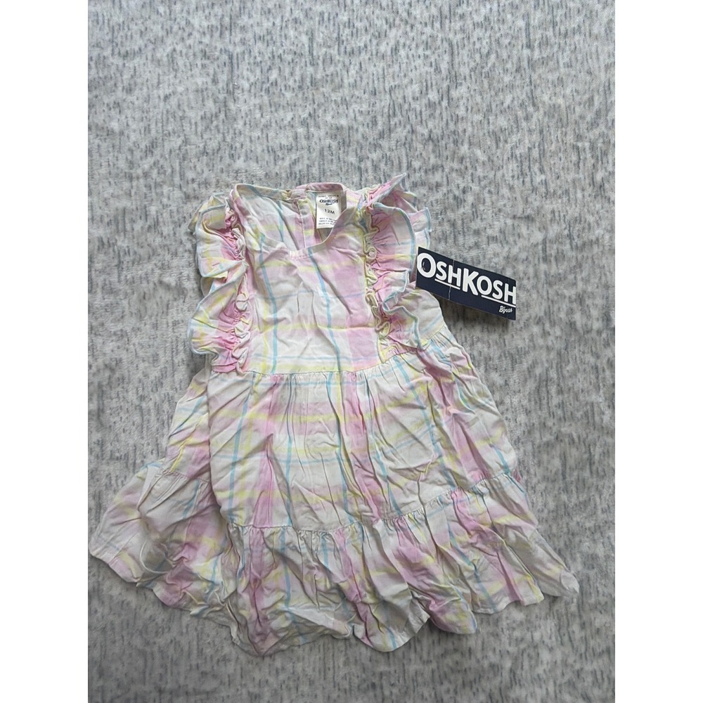 OshKosh B'gosh Baby Girl 12M Pastel Plaid Ruffle Tiered Dress 6I438810 Pink Yel